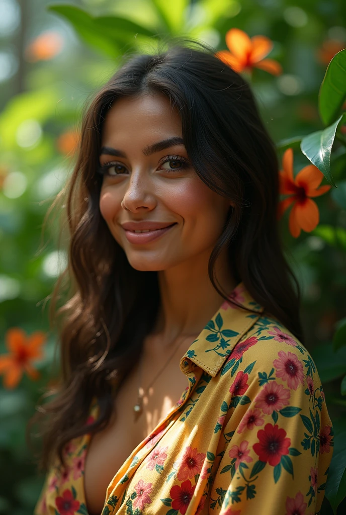 A Brazilian woman in a lush tropical garden, wearing an open shirt with a floral print, with a close-up capturing the harmonious beauty between her breasts and the natural flowers, showing off your natural charm and outgoing personality.