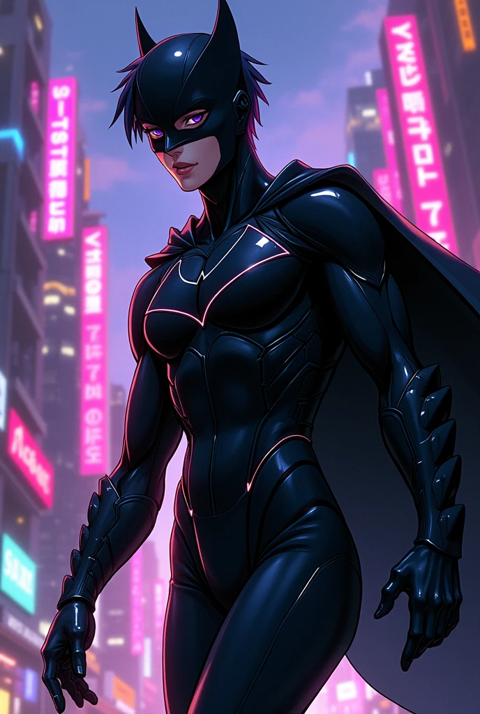 Make me a superhero similar to Nightwing with a black suit and without a cape or mask, I all in anime version 
