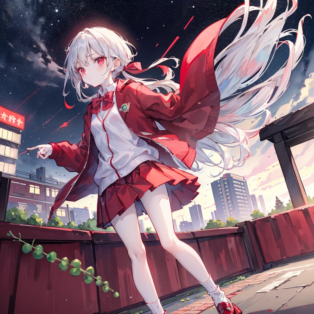 masterpiece, best quality,, Maruzinski (Fresh peas),, Red knee-length socks, Red Jacket, Pleated Skirt, Red Skirt, Long sleeve, Necklace, Red Shirt, Cardigan jacket, White bow, Open clothes, high-heel boots, Asphalt Road, running, eye trail, Night Sky, neon, from above,,