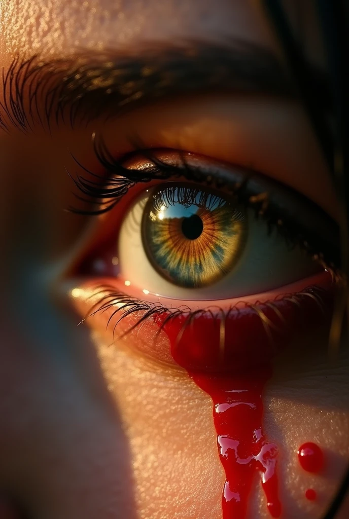 Woman's eye close up very close reflecting the sun realistic image crying tears blood