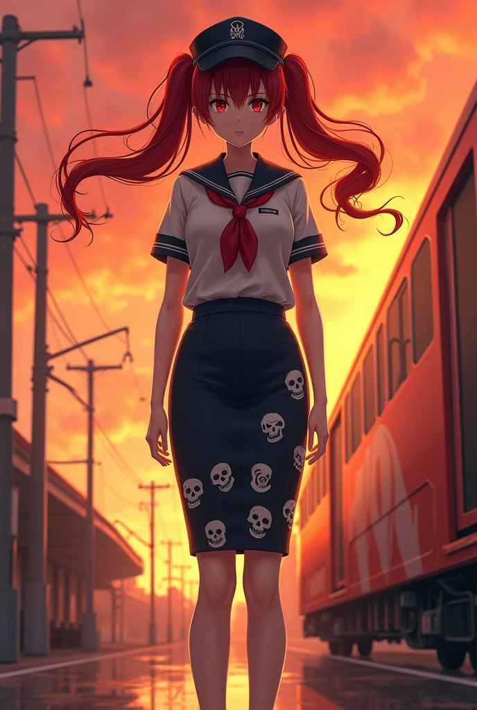 1 girl, standing alone, Red hair, Eyes red, twintails, EMPLOYEE UNIFORM, pencil skirt, skull print, Navy cap, Orange sky,, plein-air, train station, standing in front of the bus,,