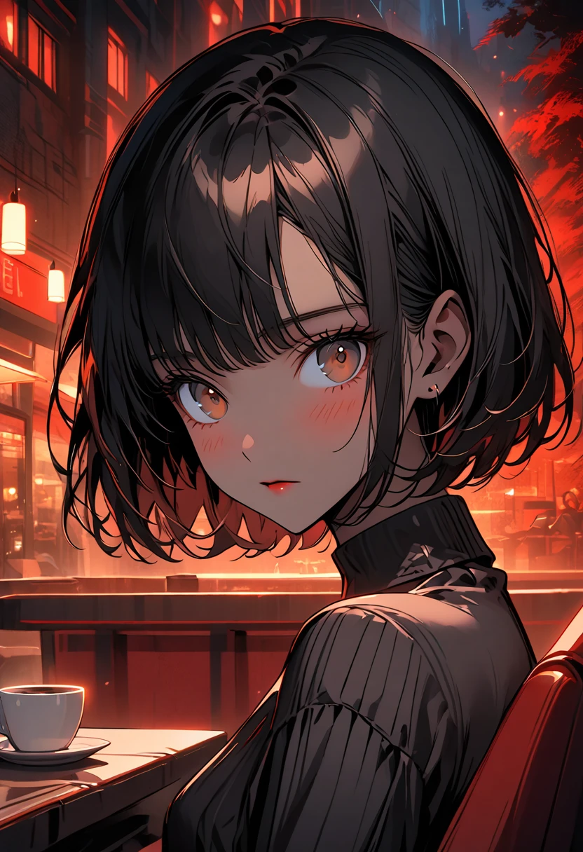 female, close up, short hair, black hair, bob cut hair, futuristic, brutalist architecture, red forest landscape, brown eyes, dark black skin, sitting, close up, elegant casual clothes, night, light blush, café, cup, table, date, feminine, night, city