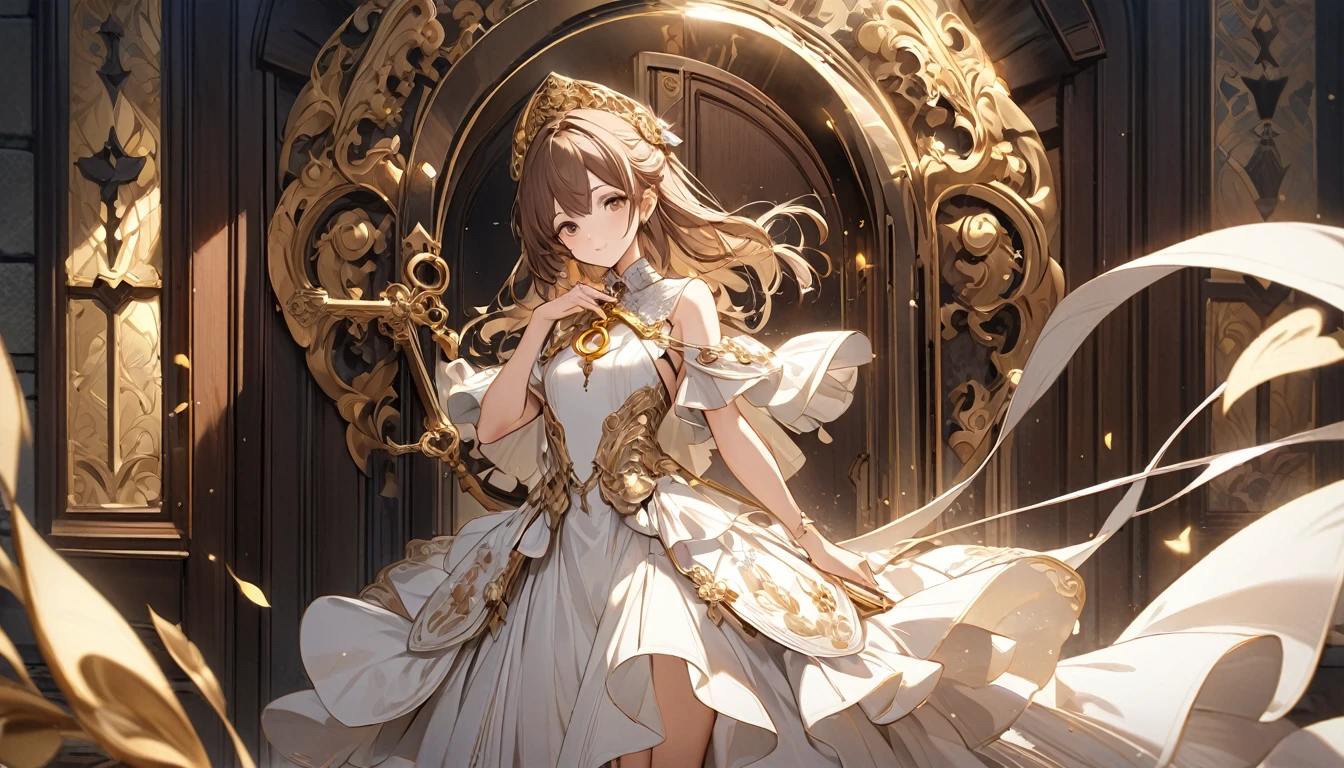 **316. One person。Personification of the key。The embodiment of the key that protects secrets。Cowboy shot or close-up。
masterpiece, best quality, ultra detailed (Detailed fingers), (Emotional), (Breathtakingly beautiful),
(main part: 1.2 Whole body。), (Anime Style), (Very detailed), (Key Personification),
(超High resolution, High resolution), (8k), (High resolution: 1.2), (Complex and beautiful: 1.2)**
- background: In front of the keyhole of an old castle、Scenery with a secret door。
- Personification: Young woman, around 18 years old、Wearing a dress designed to resemble a golden key。
-pose: The moment the door was opened was captured。
-expression: A solemn atmosphere of confidentiality、The expression of anticipation at the moment of release。
- Effects: The key shines、Door slowly opening effect。
-color: Gold and Brown、A color that expresses the weight of the key and the symbolism of secrecy。