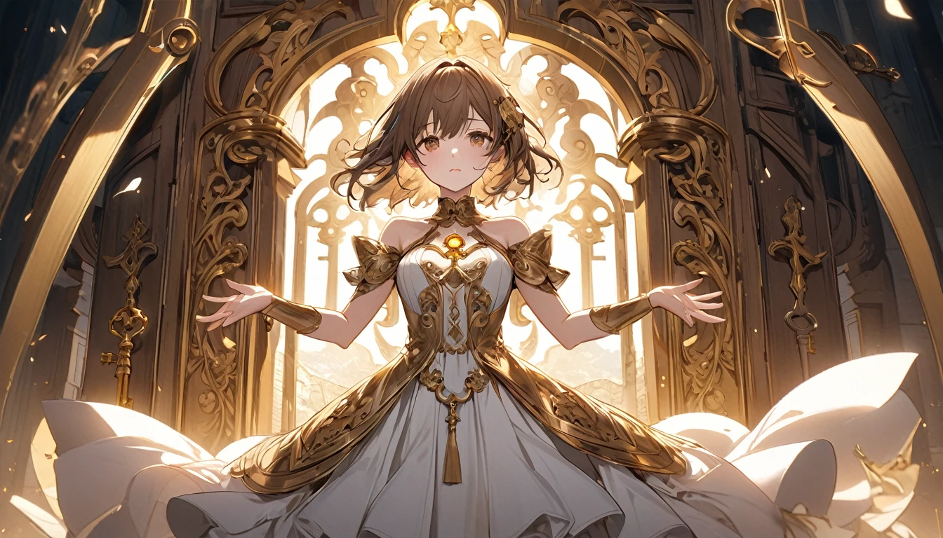 **316. One person。Personification of the key。The embodiment of the key that protects secrets。Cowboy shot or close-up。
masterpiece, best quality, ultra detailed (Detailed fingers), (Emotional), (Breathtakingly beautiful),
(main part: 1.2 Whole body。), (Anime Style), (Very detailed), (Key Personification),
(超High resolution, High resolution), (8k), (High resolution: 1.2), (Complex and beautiful: 1.2)**
- background: In front of the keyhole of an old castle、Scenery with a secret door。
- Personification: Young woman, around 18 years old、Wearing a dress designed to resemble a golden key。
-pose: The moment the door was opened was captured。
-expression: A solemn atmosphere of confidentiality、The expression of anticipation at the moment of release。
- Effects: The key shines、Door slowly opening effect。
-color: Gold and Brown、A color that expresses the weight of the key and the symbolism of secrecy。