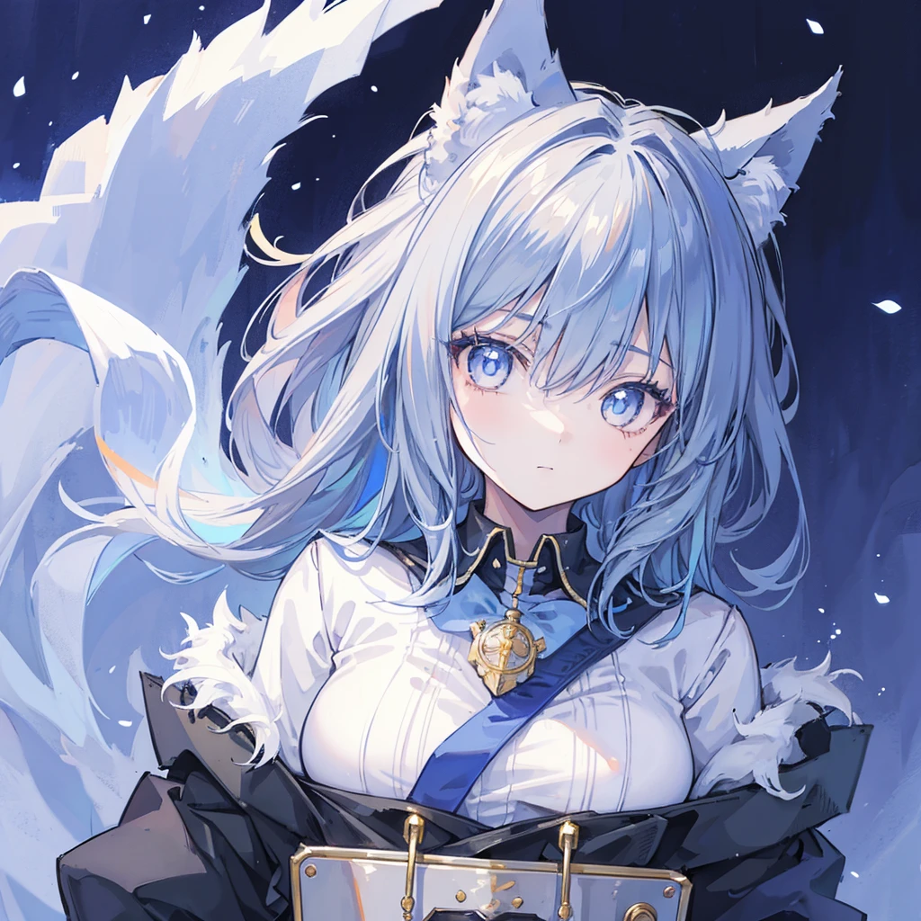 1 Girl, Blue fur, Wolf Girl, Medium breasts, Uniforms, portrait, Simple background, (hairy:1.5)