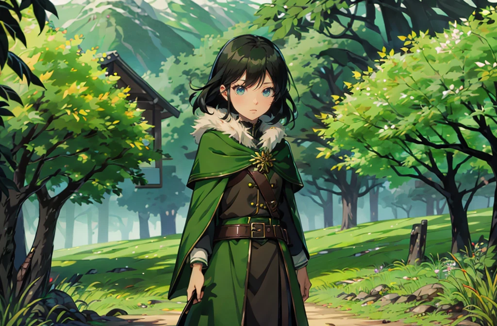 yuichiro hyakuya girl, (WithoutFear:1), 1 girl, black hair, green eyes, brown coat, gray armor, elves, sylvan, green shield, green cloak, dark brown gloves, forest, white fur trim, anime, standing, good quality, portrait, looking at viewer
