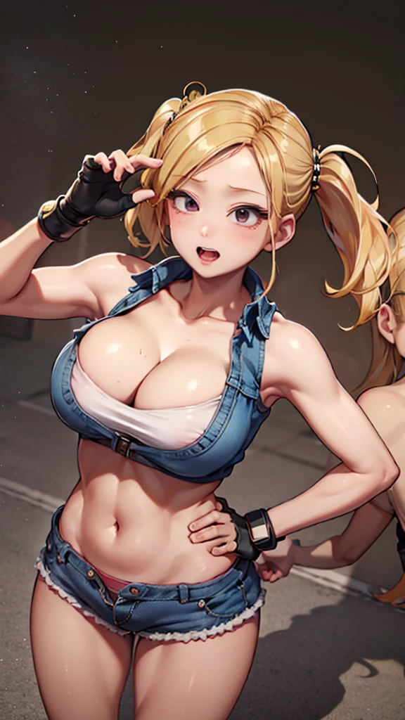 ((MangabiRumiko)), (masterpiece), best quality, expressive eyes, perfect face, highres, (8k), (perfect face), (ultra details), 1 girl, solo, large breasts,protruding erect nipples,terry bogard girl, blonde hair,blue and pink twintails, gray eyes, long hair,, fingerless gloves, denim shorts, shoes, blushing, frightened, anguished, open-mouthed, room background, no posing, standing, portrait, looking herself