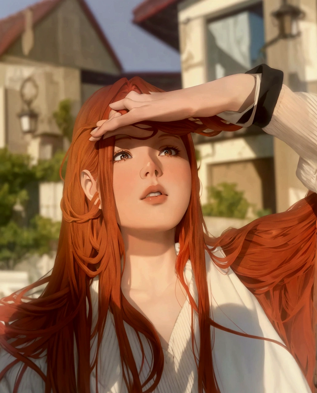 arafed woman with red hair and a white sweater holding her head, with red hair, she has long curly hair, flowing red hair, long red hair windy, long red hair, with long red hair, em tempo ensolarado, profile image, red-haired girl, long braided orange red hair, With long hair, pretty face with red-brown hair