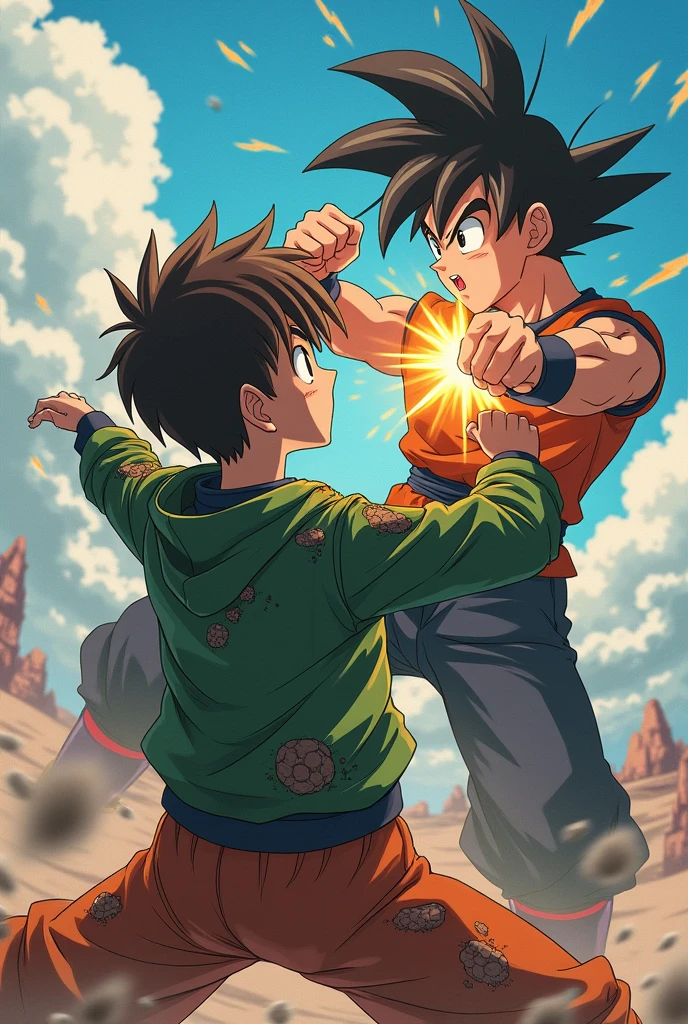 anime with good animation (young man with straight brown hair, expelling all his power and bumping fists with Goku in the sky) (the young man is wearing a green jacket like Ben 10's but destroyed by the combat)
