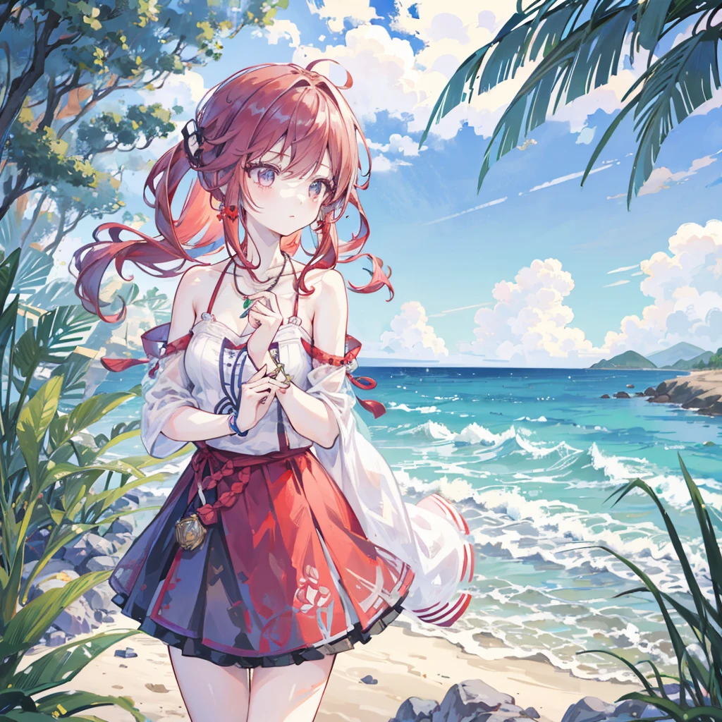 Mud building (Genshin Impact), Behind is the sea, 1 Girl, Background blur, Shut up, bare arm, Accessories, Bare Sleeves, Bare shoulders, Red hair, bracelet, necklace, Cowboy shooting, sideways