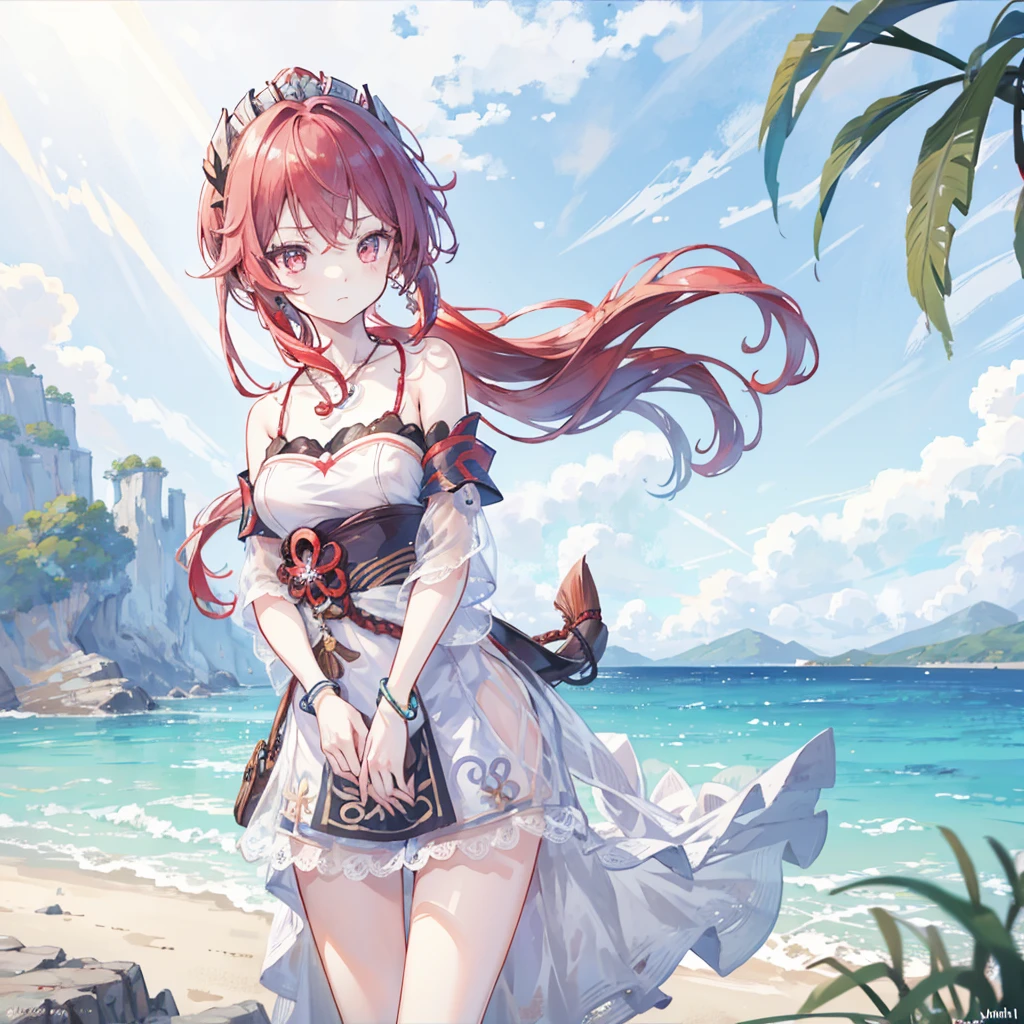Mud building (Genshin Impact), Behind is the sea, 1 Girl, Background blur, Shut up, bare arm, Accessories, Bare Sleeves, Bare shoulders, Red hair, bracelet, necklace, Cowboy shooting, sideways