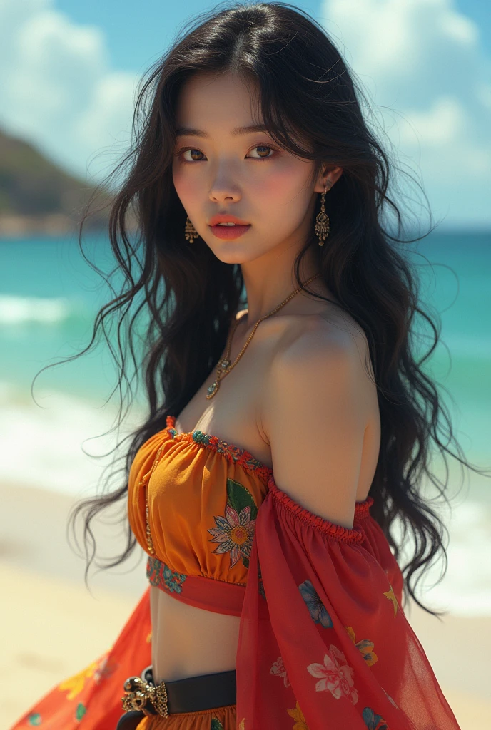 A young and beautiful Korean woman with curly hair, wearing a skirt similar to those of Spanish gypsies, standing by a beach where no other people are visible. Please ensure that the character's face remains consistent across all images provided.