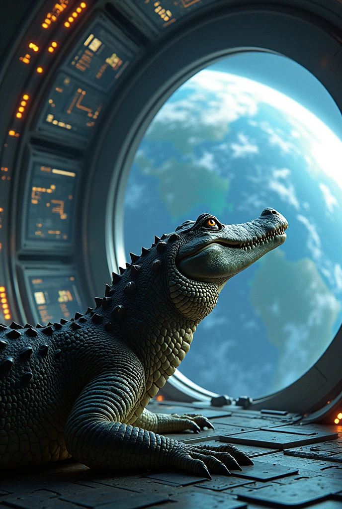 Crocodile watching planet Earth from a mothership in space