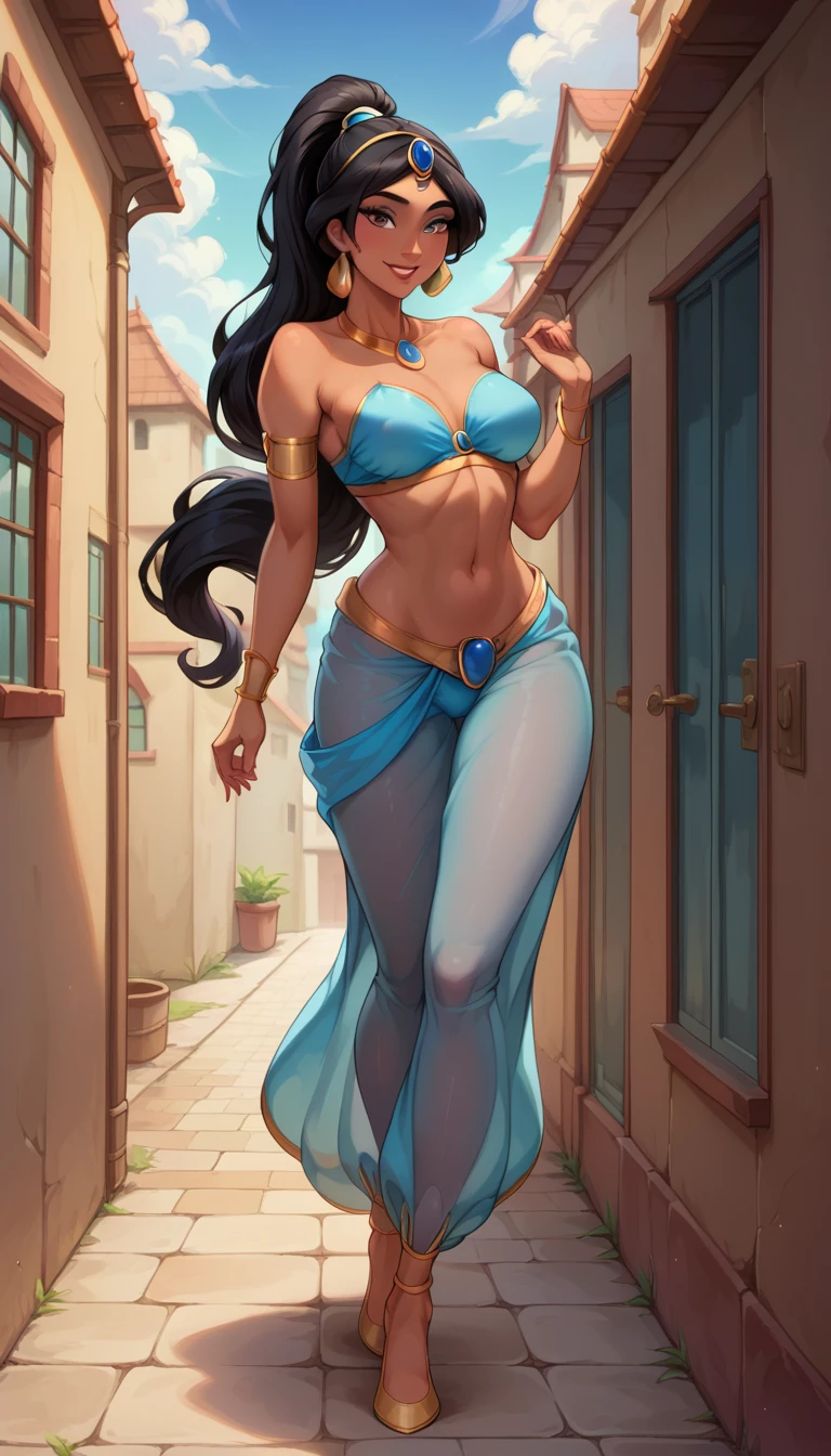 ((full body photo, standing))  Score_9, score_8_up, score_7_up, rating explicit, source_comic, detailed soft lighting, 1girl, (Jasmine from Aladdin, black hair, ponytail, teal harem costume:1.0), large breasts, BREAK smile, beautiful eyes, open eyes, (masterpiece, best quality, highly detailed, beautiful), walking, (town alley:1.2).