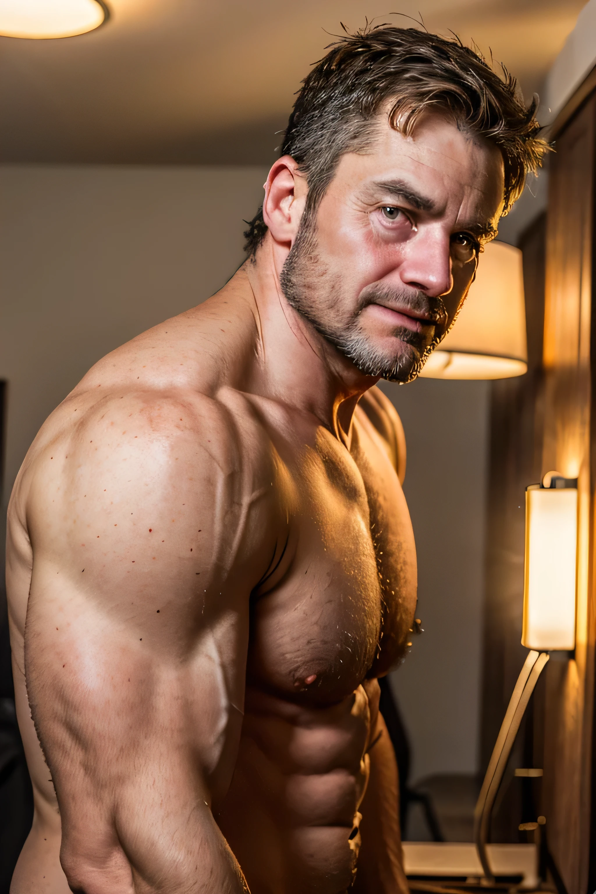 Middle-aged man , Light on the face, View your viewers, (1 person, Mature Face), Realistic face, Realistic body, underwear, Upper body naked, big bulge on underwear, Big round ass