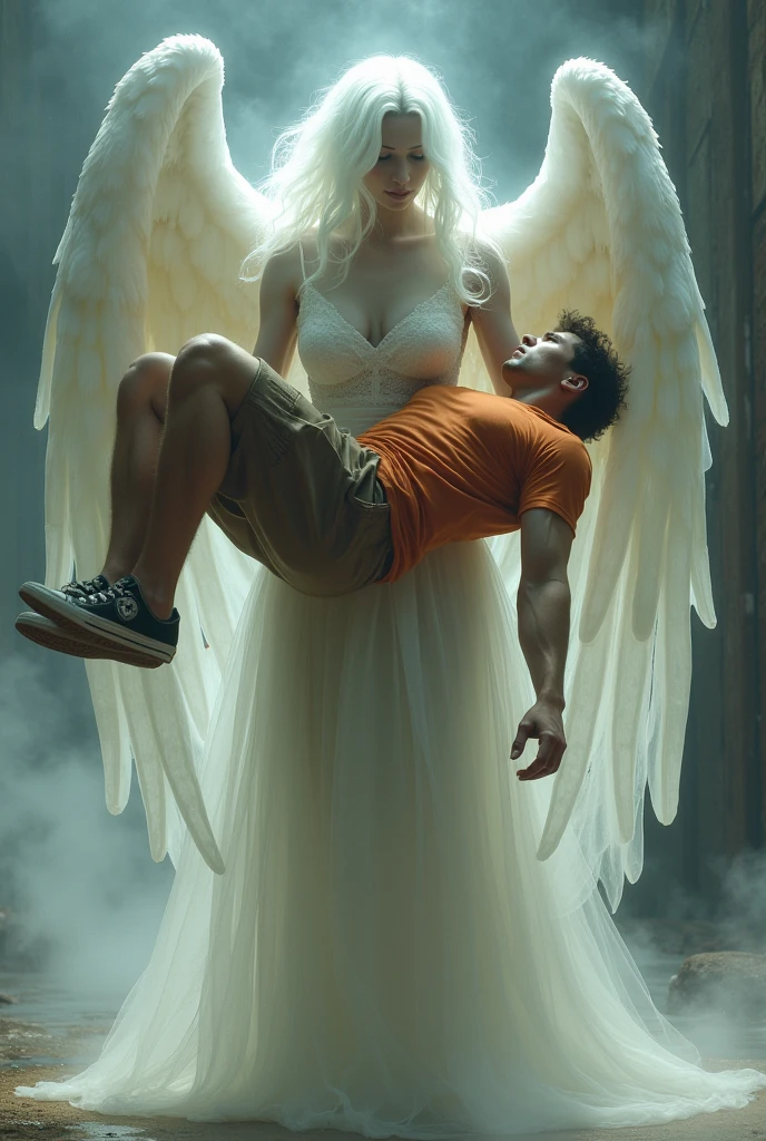 A woman dressed in a wedding dress is a ghost, a beautiful specter is very tall and in her arms she carriesMuscular man wearing a shirt with long shorts Long loose shorts With pockets on the sides with converse sneakers Orange T-shirt and brown shorts Long short, long short, long He's defeated and unconscious and she's got angel wings and she's big and she's a ghost 