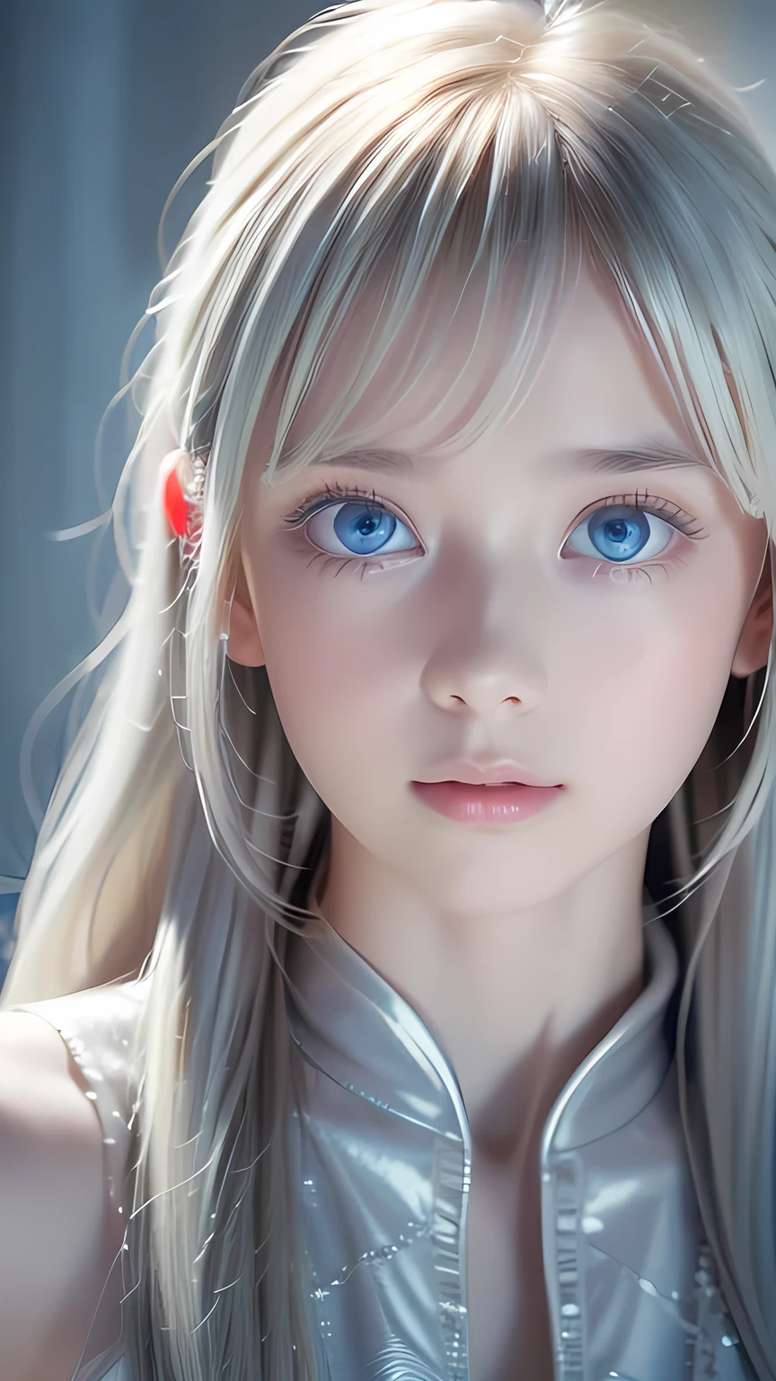 highest quality、8K Masterpiece、Ultra-high resolution、(Realistic:1.3)、RAW Photos、14 year old girl of Scandinavian descent with shiny blonde hair、Silvery blonde hair、Super long straight hair、Bangs between the eyes、bangs over eyes、片bangs over eyes、Bangs between the eyes、White and lustrous skin、1. Cyberpunk Super Beautiful Soldier、((Ultra-Realistic Details))、Portraiture、Global Illumination、Shadow Realm、Octane Rendering、8K、Super sharp、Metal、Cold colors、、Very intricate details、Realistic Light、CG Association Trends、Very beautiful, large light blue eyes、Very big eyes、Eyes shining towards the camera、Neon Details、Small Face Beauty、Round face、Cheek highlight