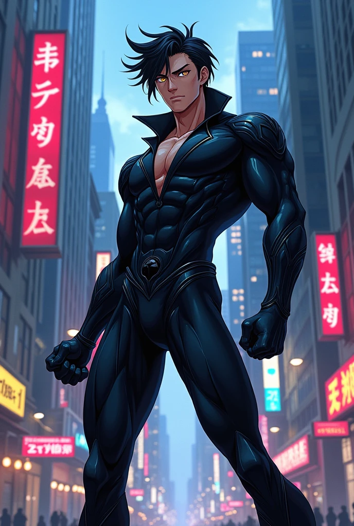 Make me a superhero similar to Nightwing with a black suit and without a cape or mask, I'm all in anime version that is a man