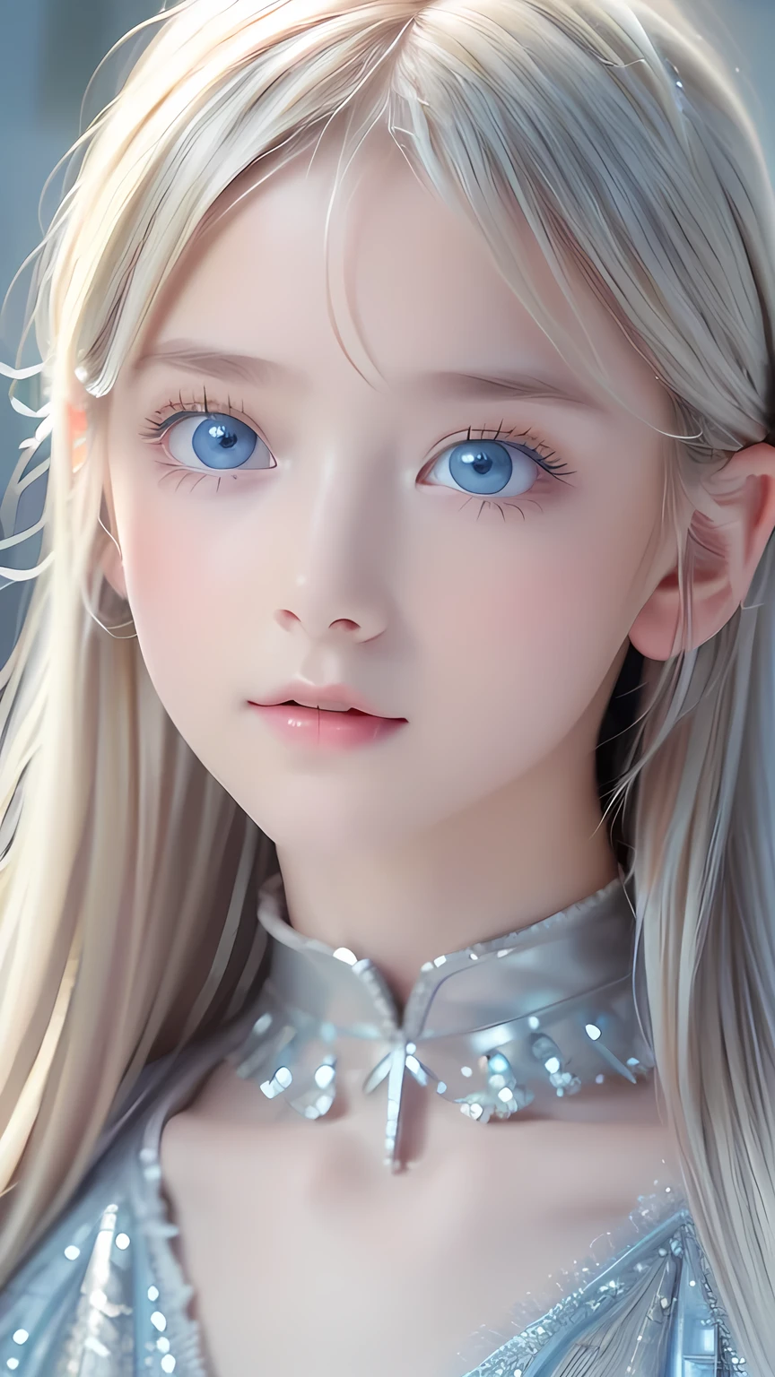 highest quality、8K Masterpiece、Ultra-high resolution、(Realistic:1.3)、RAW Photos、14 year old girl of Scandinavian descent with shiny blonde hair、Silvery blonde hair、Super long straight hair、Bangs between the eyes、bangs over eyes、片bangs over eyes、Bangs between the eyes、White and lustrous skin、1. Cyberpunk Super Beautiful Soldier、((Ultra-Realistic Details))、Portraiture、Global Illumination、Shadow Realm、Octane Rendering、8K、Super sharp、Metal、Cold colors、、Very intricate details、Realistic Light、CG Association Trends、Very beautiful, large light blue eyes、Very big eyes、Eyes shining towards the camera、Neon Details、Small Face Beauty、Round face、Cheek highlight