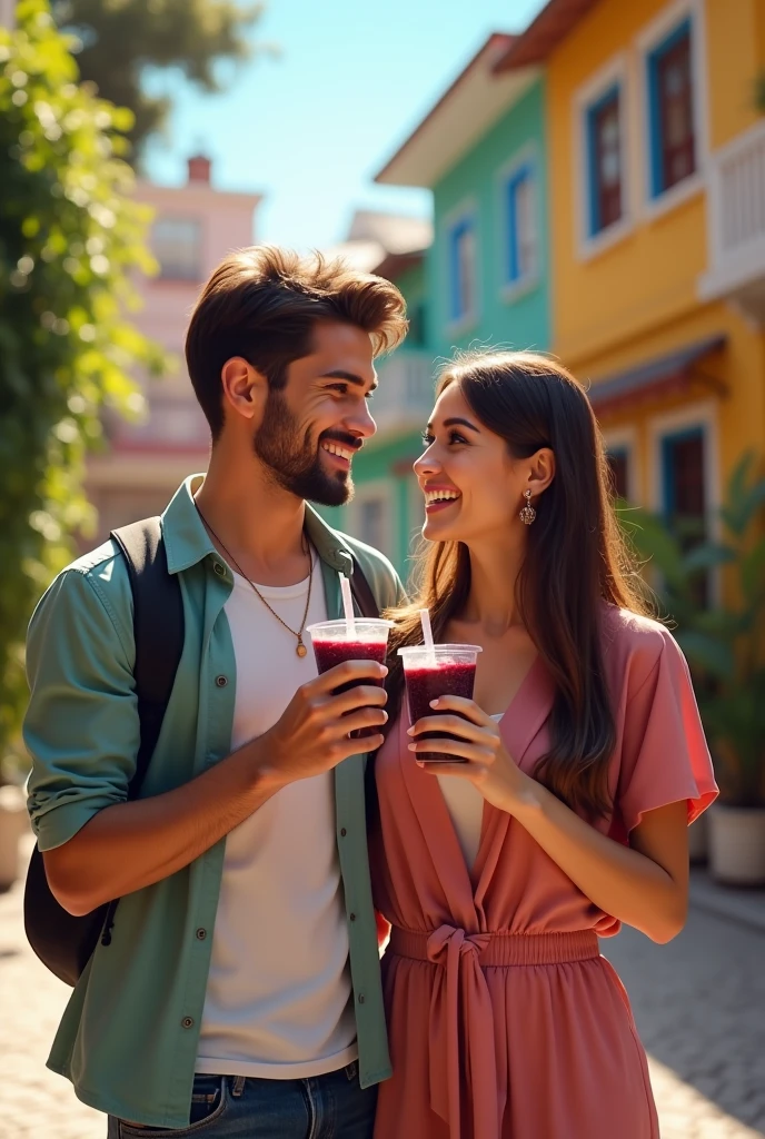 Realistic Man and Girlfriend 25-35 years old, in Maceió Brazil eating açaí in a cup , ultra HD, high qualiy, best qualityer, high resolution, 8k, 16K