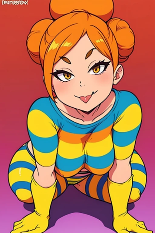 young girl, 25 years old, medium sized breasts, yellow striped stockings, Orange striped panty and bra, skulls background, multicolored hair, tight buns, 4k, cute smirk, tongue out, view from Front, Show full body