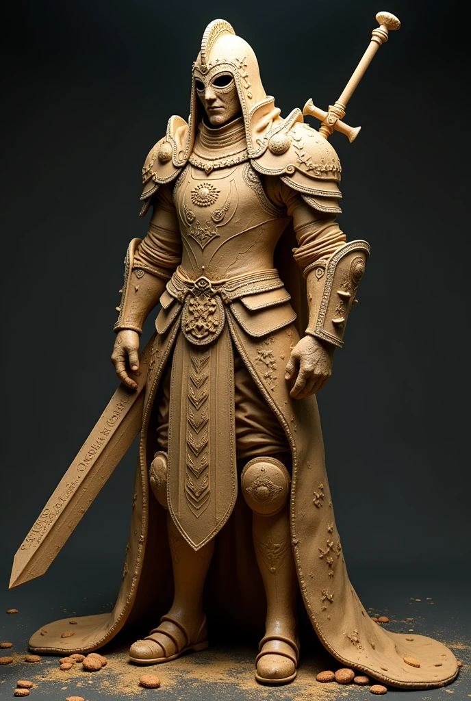A complete suit of armor made entirely out of cookies. The armor is a medieval style of dark souls elegant and is made up of cookies and the helmet cover all the head and have a mask to protect his face and the helmet is made up cookies too. armor with high movility with a long sword medieval made up of cookies too. slim with clothes made up of cookies too