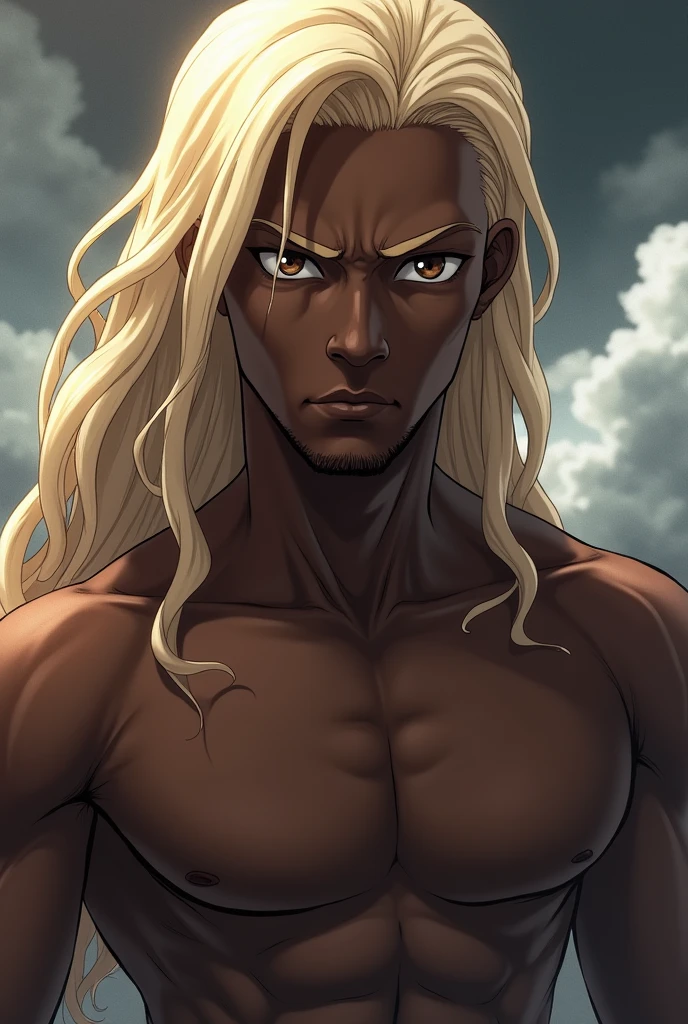 anime adult black man, long bleached blonde hair, dark brown eyes, dark skin, lean build, topless, close up head shot, cloudy background