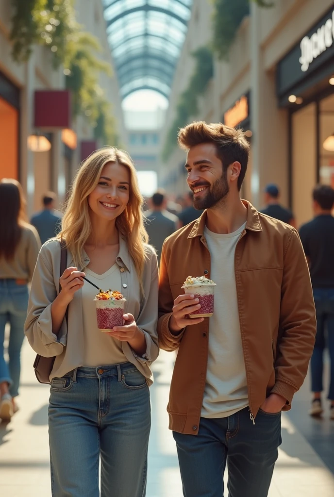 Realistic man and wife 25-35 years old, At the mall, blonde hair eating açaí , with friends Ultra HD, high qualiy, best qualityer, high resolution, 8k, 16K