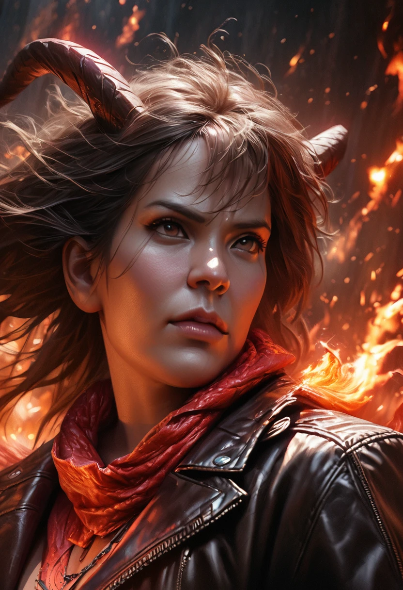 a demon with horns and a leather jacket, their face is covered in fire, ((best quality,4k,8k,highres,masterpiece:1.2),ultra-detailed,(realistic,photorealistic,photo-realistic:1.37)),intricate details,extremely detailed face and features,dramatic lighting,dark fantasy,cinematic,dramatic pose,dynamic composition,vibrant colors,intense fiery effects,dark moody atmosphere,chiaroscuro lighting,moody shadows,gritty textures,leather texture,detailed fiery energy aura,intense gaze,compelling expression