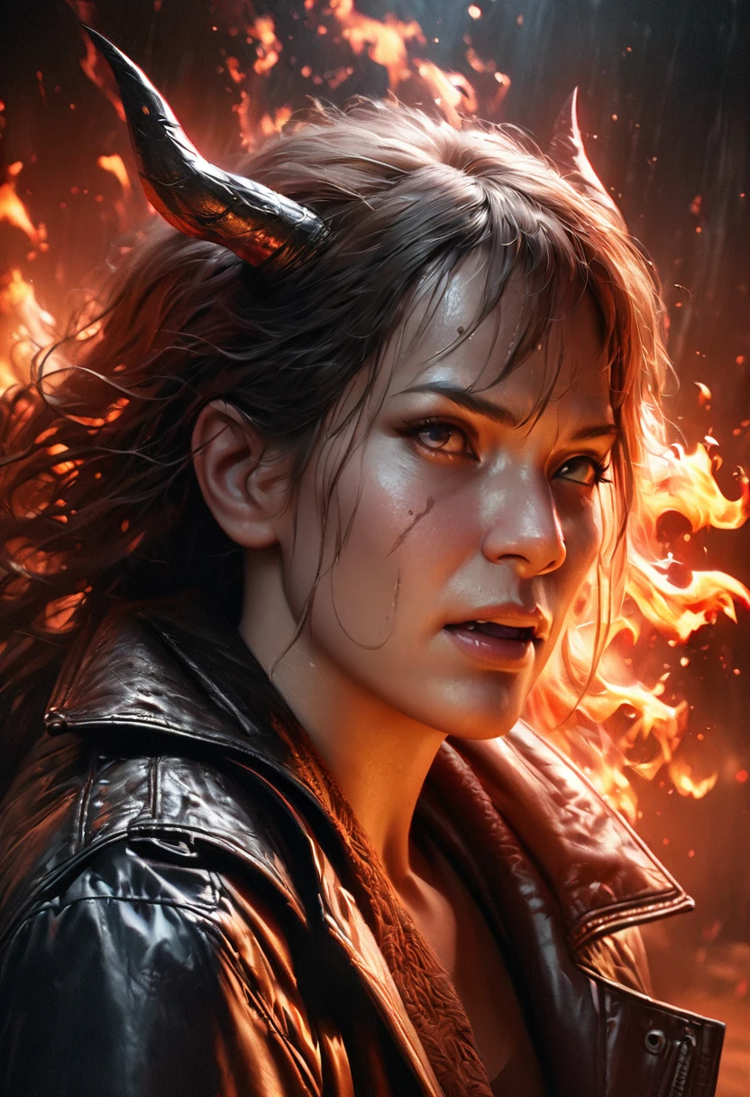 a demon with horns and a leather jacket, their face is covered in fire, ((best quality,4k,8k,highres,masterpiece:1.2),ultra-detailed,(realistic,photorealistic,photo-realistic:1.37)),intricate details,extremely detailed face and features,dramatic lighting,dark fantasy,cinematic,dramatic pose,dynamic composition,vibrant colors,intense fiery effects,dark moody atmosphere,chiaroscuro lighting,moody shadows,gritty textures,leather texture,detailed fiery energy aura,intense gaze,compelling expression