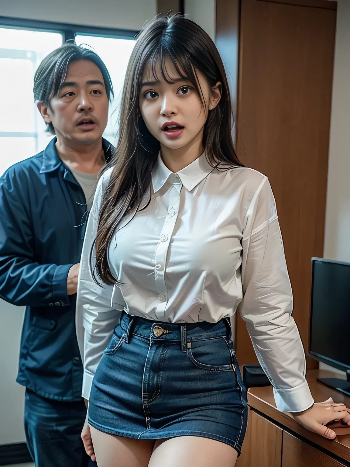 (high quality), (Realistic photos)、1 male、1 female、No audience、((Hotel Living Room:1.3))、((Young Japanese couple arguing face to face:1.4))、((Angry Japanese woman and a Japanese man trying to talk to her:1.4)) 、((White short sleeveTWoman in a shirt:1.4))、((whiteTMan in a shirt:1.4))、((A woman glares at a man:1.7))、((A woman wearing a denim skirt that accentuates her thighs:1.4))、((White short sleeveTWoman in a shirt:1.4))、((woman with scary expression:1.4))、