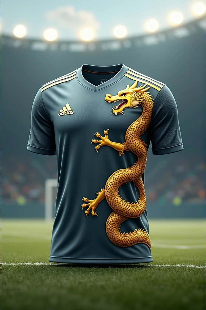 Create a football shirt, Steel color with dragon ball theme, Preferably with a dragon on the shirt, Golden colour, and also with the adidas brand.