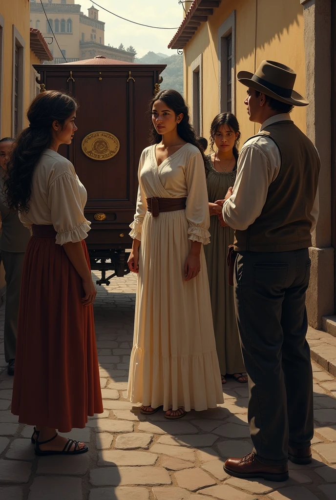 Paz Soldán saying goodbye to her family, boarding a carriage that leaves for Lima