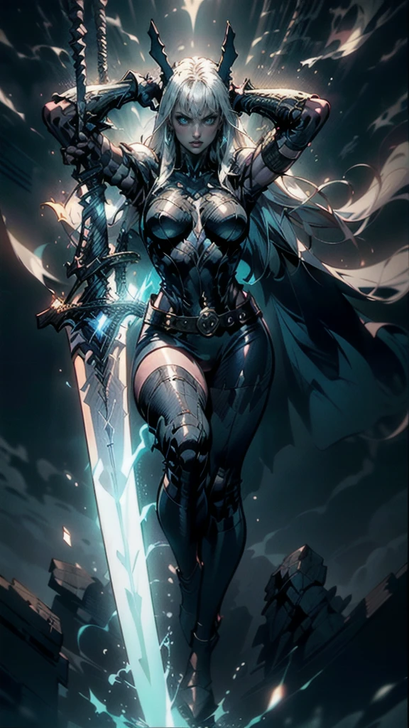 (full body portrait), Magik of X-men, Illyana Rasputin with long white hair, piercing blue eyes, wearing a low cut unitard with high cut legs, tight thigh high boots, holding a glowing magical sword, jumping with sword raised back behind head, huge overhead swing of sword, floating in a mystical realm with swirling energy, (best quality,8k,highres,masterpiece:1.2),ultra-detailed,realistic,photorealistic,photo-realistic:1.37,concept art,dark fantasy,digital painting,dramatic lighting,cinematic,intricate details,ethereal,otherworldly atmosphere