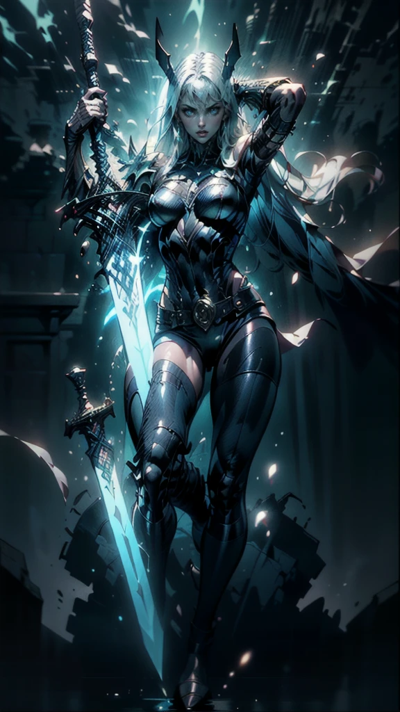 (full body portrait), Magik of X-men, Illyana Rasputin with long white hair, piercing blue eyes, wearing a low cut unitard with high cut legs, tight thigh high boots, holding a glowing magical sword, jumping with sword raised back behind head, huge overhead swing of sword, floating in a mystical realm with swirling energy, (best quality,8k,highres,masterpiece:1.2),ultra-detailed,realistic,photorealistic,photo-realistic:1.37,concept art,dark fantasy,digital painting,dramatic lighting,cinematic,intricate details,ethereal,otherworldly atmosphere