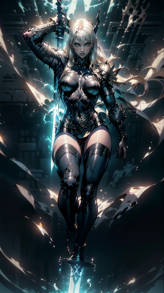 (full body portrait), Magik of X-men, Illyana Rasputin with long white hair, piercing blue eyes, wearing a low cut unitard with high cut legs, tight thigh high boots, holding a glowing magical sword, jumping with sword raised back behind head, huge overhead swing of sword, floating in a mystical realm with swirling energy, (best quality,8k,highres,masterpiece:1.2),ultra-detailed,realistic,photorealistic,photo-realistic:1.37,concept art,dark fantasy,digital painting,dramatic lighting,cinematic,intricate details,ethereal,otherworldly atmosphere