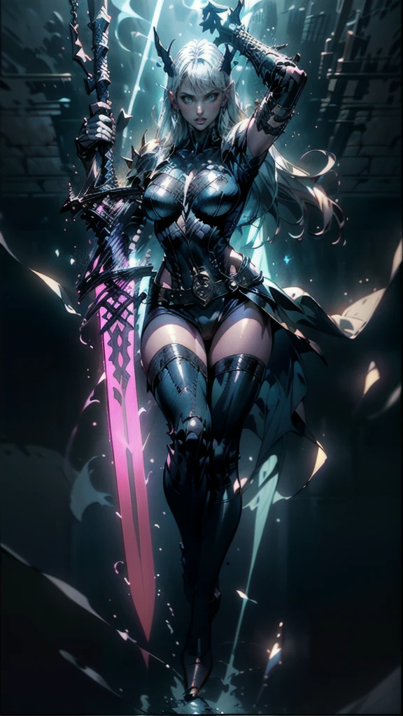 (full body portrait), Magik of X-men, Illyana Rasputin with long white hair, piercing blue eyes, wearing a low cut unitard with high cut legs, tight thigh high boots, holding a glowing magical sword, jumping with sword raised back behind head, huge overhead swing of sword, floating in a mystical realm with swirling energy, (best quality,8k,highres,masterpiece:1.2),ultra-detailed,realistic,photorealistic,photo-realistic:1.37,concept art,dark fantasy,digital painting,dramatic lighting,cinematic,intricate details,ethereal,otherworldly atmosphere