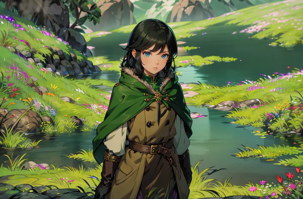yuichiro hyakuya girl, (WithoutFear:1), 1 girl, black hair, green eyes, brown coat, gray armor, elves, sylvan, green shield, green cloak, dark brown gloves, forest, white fur trim, anime, standing, good quality, portrait, looking at viewer