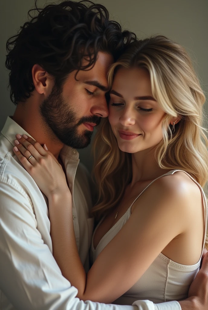 Realistic image of a white woman couple, blondie hair, white man black hair, age plus 30 years
