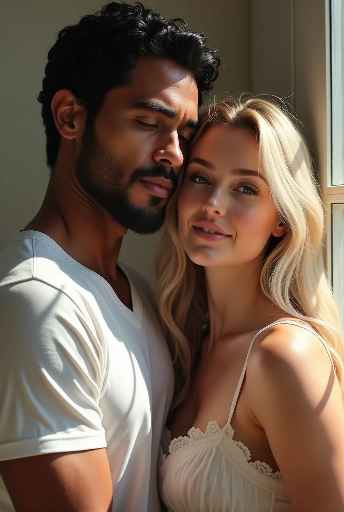 Realistic image of a white woman couple, blondie hair, white man black hair, age plus 30 years