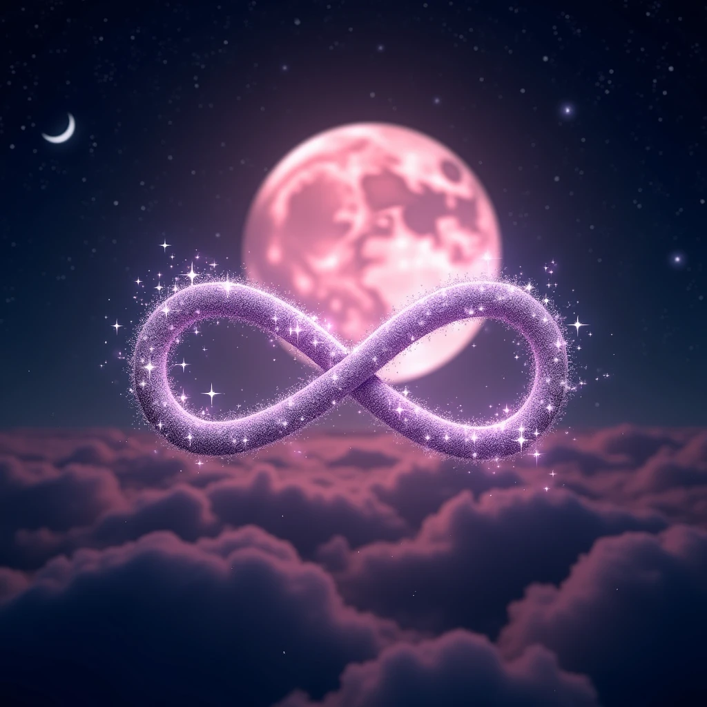 High resolution, masterpiece, Highest quality, High detail, Infinity、symbol、Infinity Mark、A shining mark made of sparkling stars、mysterious、myth、Light pink moon background、Sparkle、Night Sky