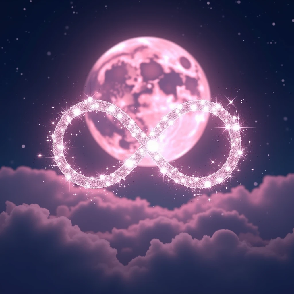 High resolution, masterpiece, Highest quality, High detail, Infinity、symbol、Infinity Mark、A shining mark made of sparkling stars、mysterious、myth、Light pink moon background、Sparkle、Night Sky