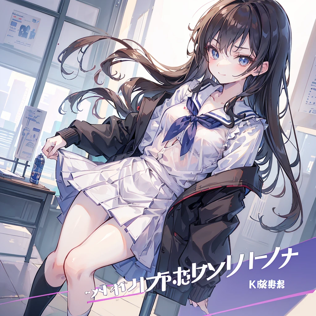 4K, (masterpiece), best quality, 2D, ((National Foundation)), (Teen Anime School Girl), (Unbuttoned shirt), (Small Breasts), nipple, Brown long hair, blue eyes, Smile, Height, Clear eyes, Black eyelashes, (Complex and meticulous), dramatic, Shinkai Makoto, Popular on CGsociety