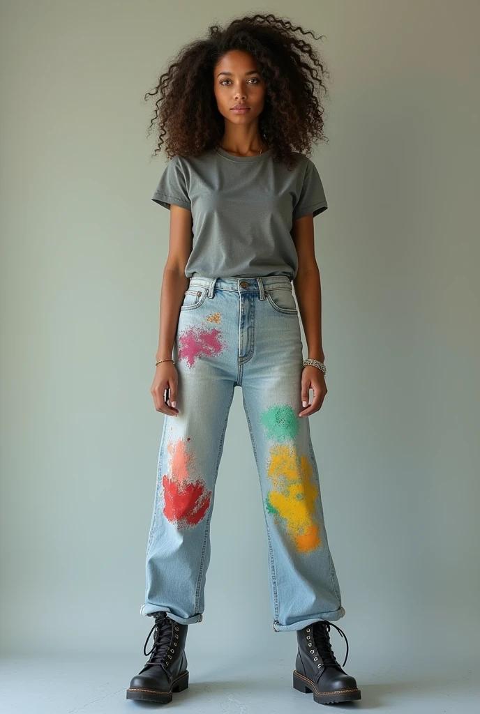 A brunette woman, with curly hair/wavy, blue-gray eyes, penetrating. Wearing light-colored jeans with paint marks all over them, the primary colors, and a gray t-shirt and an engineering boot
