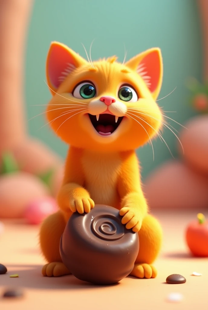 An orange 3D animated cat with a brigadeiro in front of it