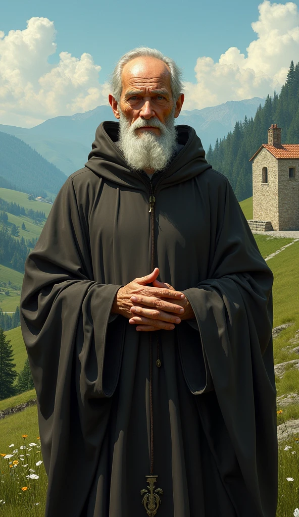 Create a beautiful and ultra realistic image of Saint Benedict and write on the image the title Prayer of Saint Benedict