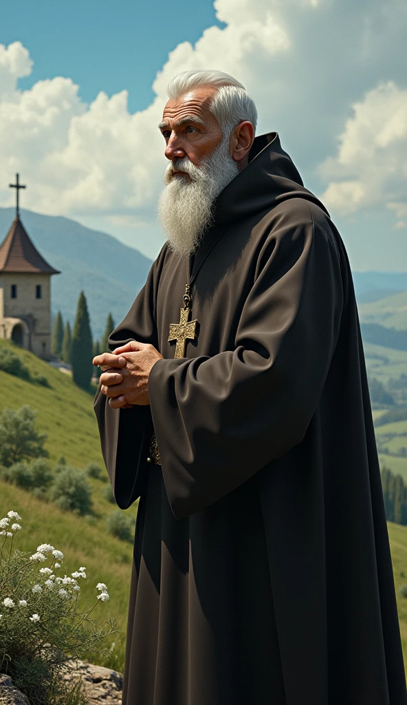 Create a beautiful and ultra realistic image of Saint Benedict and write on the image the title Prayer of Saint Benedict