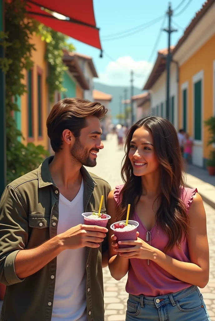 Realistic Man and Girlfriend 25-35 years old, in Maceió Brazil eating açaí in a cup , ultra HD, high qualiy, best qualityer, high resolution, 8k, 16K
