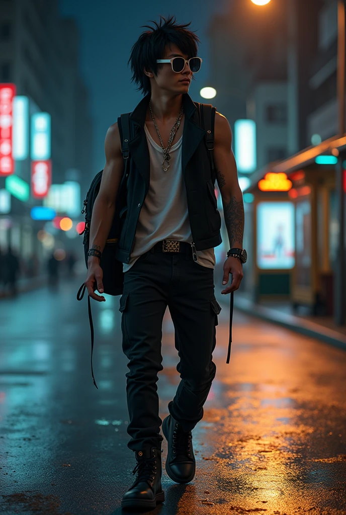 Young man, Bblack hair, white sunglasses, black rock'n roll style clothes, combat boots, black vest, backpack on back, walking along a street at night, bus stop Behind him, light pole shining on top of it, city night background with bus stop, Behind him, Full-body image