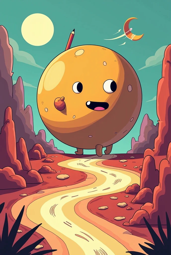 cuphead style planet , with a pencil making a trace around 